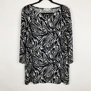 TravelSmith Zebra Print Tunic Top Women Large Black White 3/4 Sleeve Made in USA